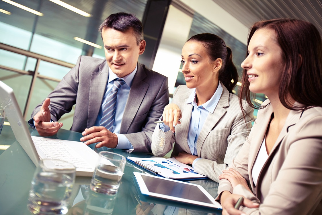 Portrait of business partners pointing and looking at laptop display at meeting